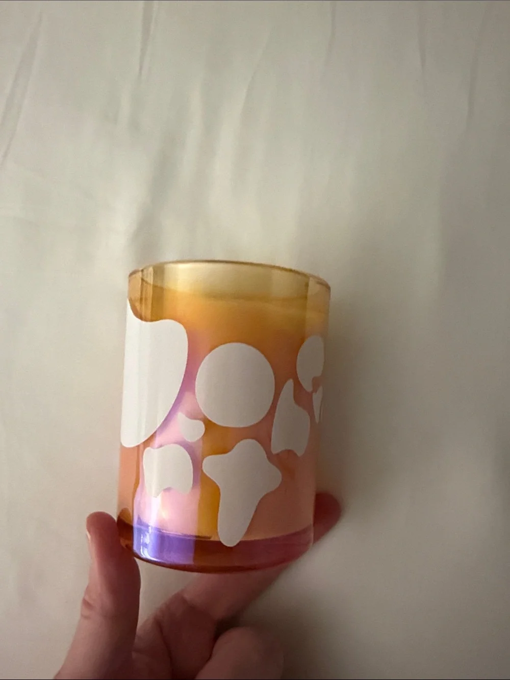 Decorative Orange Glass Candle with White Pattern - Home Accents